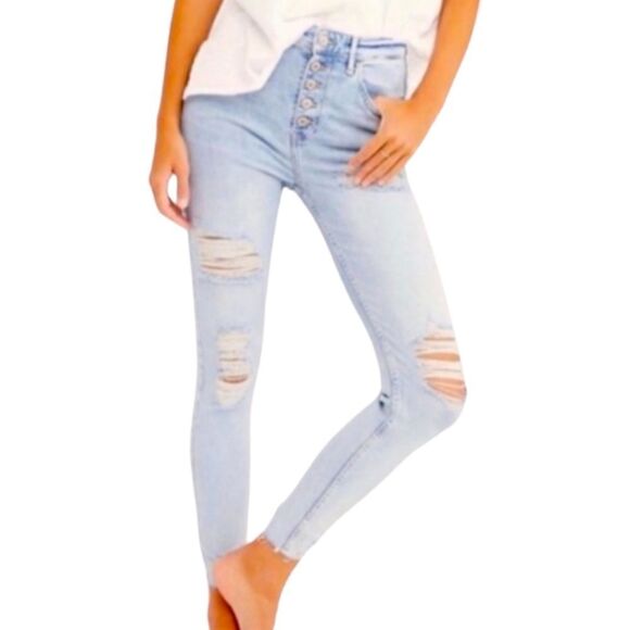 Free People Light Wash Sabrina Skinny Fray Jeans Light Bleach Indigo Size 26 - Picture 2 of 8